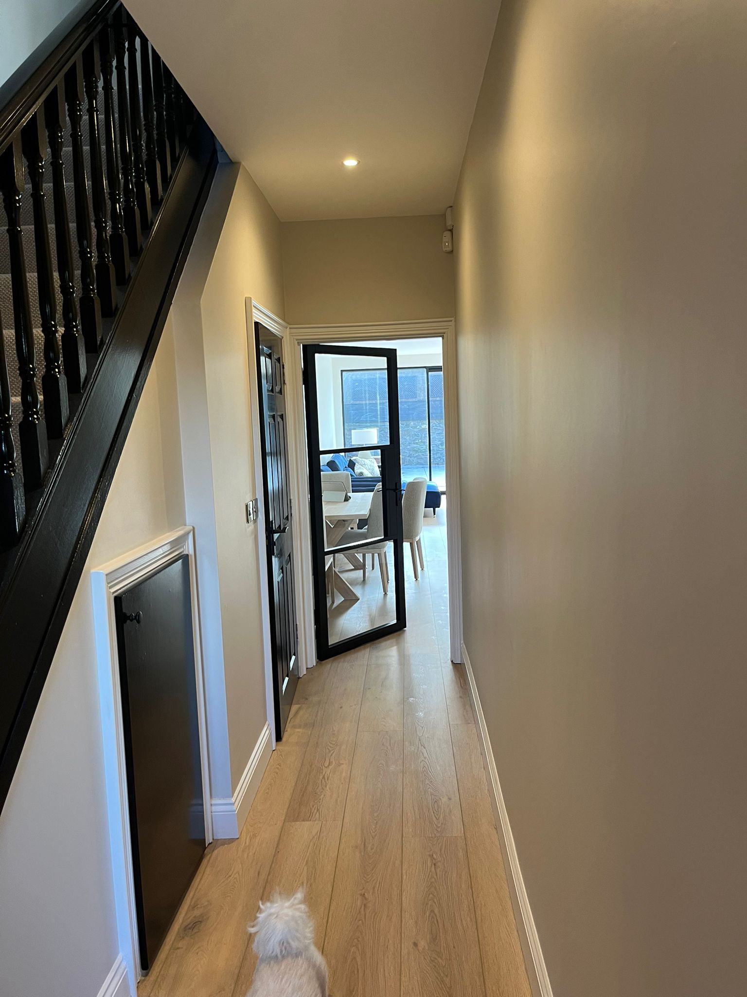 Renovated hallway with black staircase balustrade, wooden floors and crittall-style internal door to extension