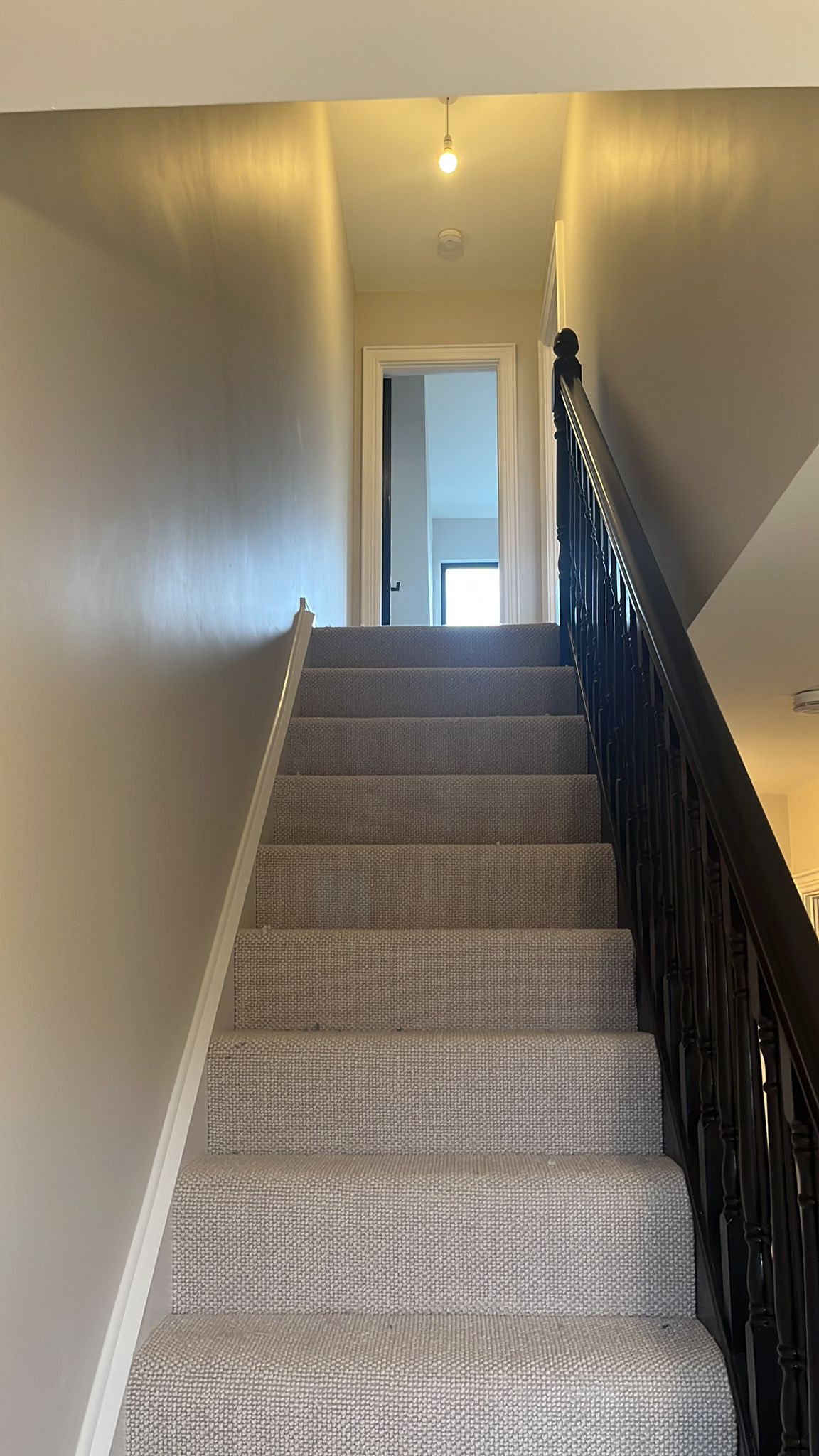 Carpeted staircase with black painted balustrade and handrail